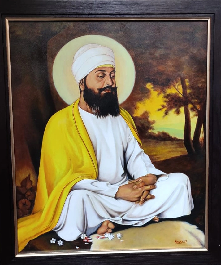 Guru Teg Bahadur Sikh Guru Spiritual Portrait Religious Art Peaceful Expression Traditional Indian Art Realistic Painting Yellow Robe Nature Background Oil on Canvas