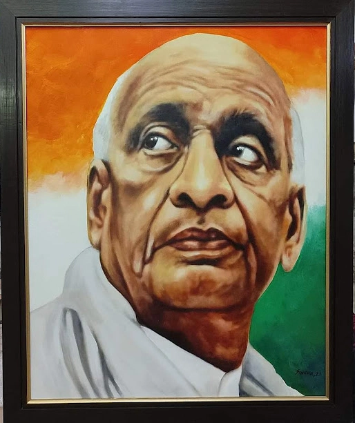 Portrait Painting Sardar Vallabhbhai Patel Indian Freedom Fighter Patriotism Tricolor Background Realistic Art Oil on Canvas Historical Figure Indian Independence Movement National Pride